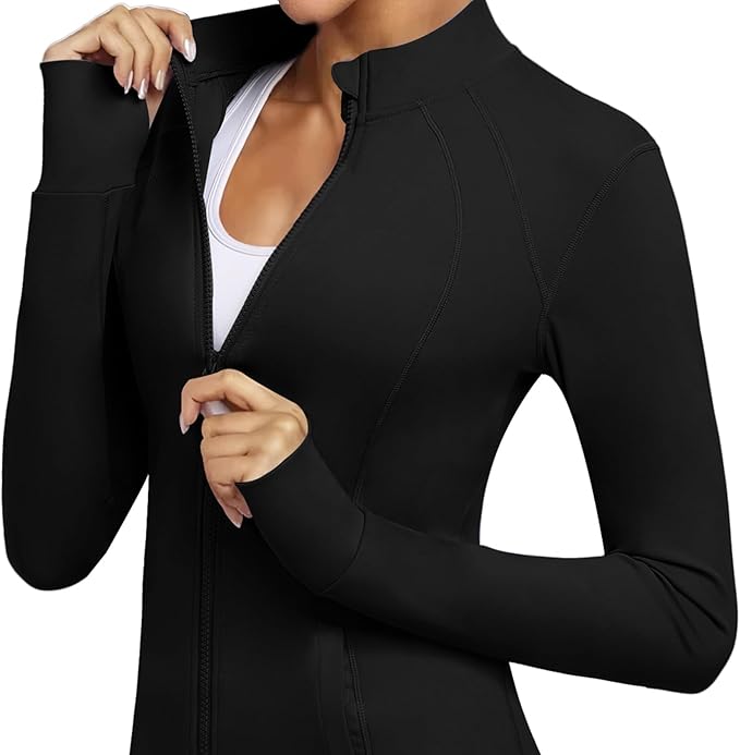 Women's Athletic Full Zip Lightweight Workout Jacket With Pockets Running Slim Fit Yoga Sportwear With Thumb Holes