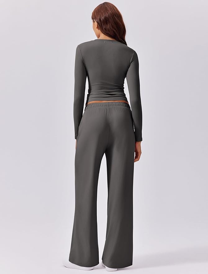 PINSPARK Women 2 Piece Lounge Set Long Sleeve Cropped Top Wide Leg Pants with Pockets 2024 Fall Outfits Matching Tracksuit