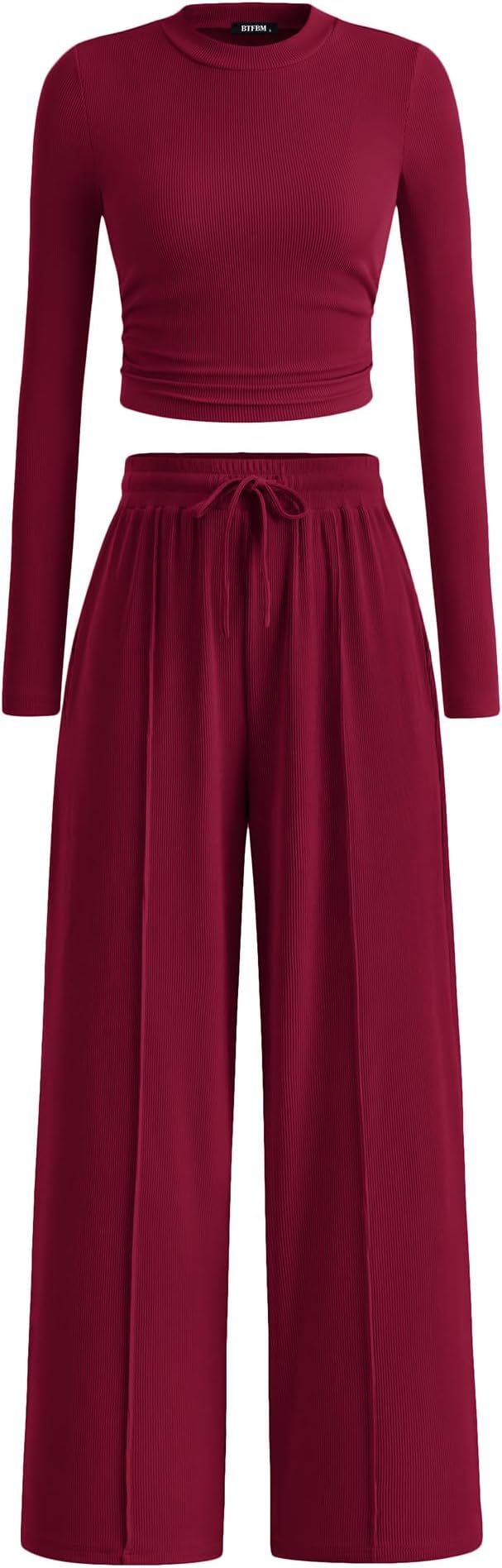BTFBM Casual 2 Piece Sets For Women Fall Outfits 2026 Ribbed Spring Long Sleeve Crop Top Wide Leg Pants Matching Lounge Set