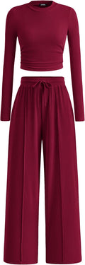 BTFBM Casual 2 Piece Sets For Women Fall Outfits 2026 Ribbed Spring Long Sleeve Crop Top Wide Leg Pants Matching Lounge Set