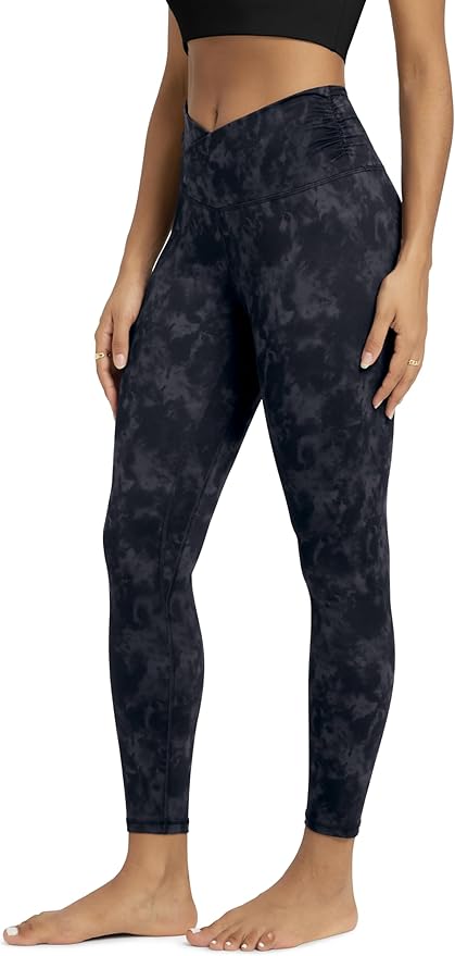 ODODOS Women's Cross Waist Yoga Leggings with Inner Pocket, 23"/25"/28" Gathered Crossover Workout Yoga Pants