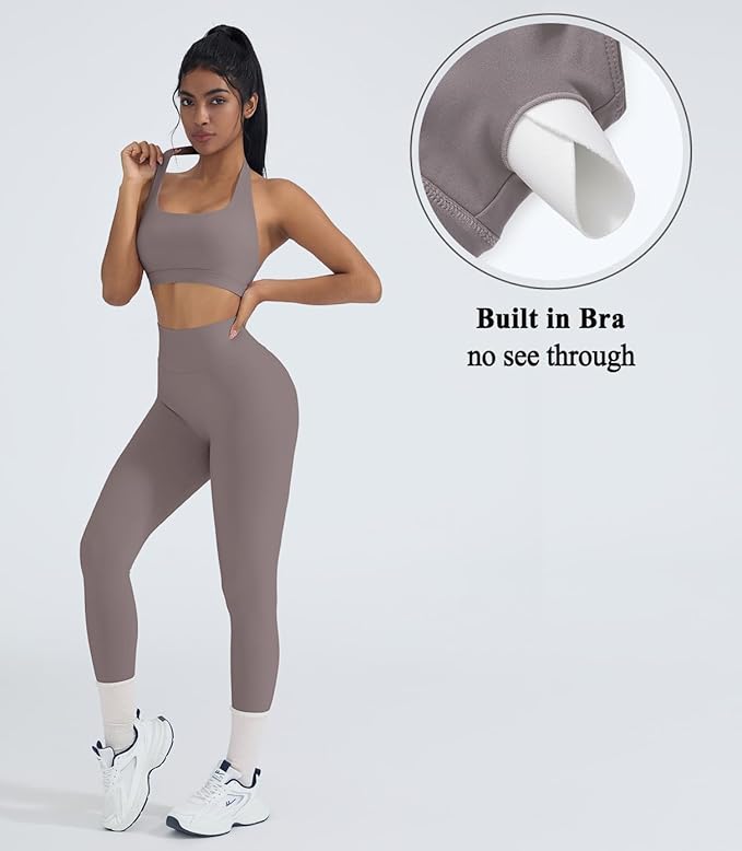 OMKAGI 2 Piece Workout Sets for Women Halter Sports Bras Gym Sets Booty Leggings Outfits