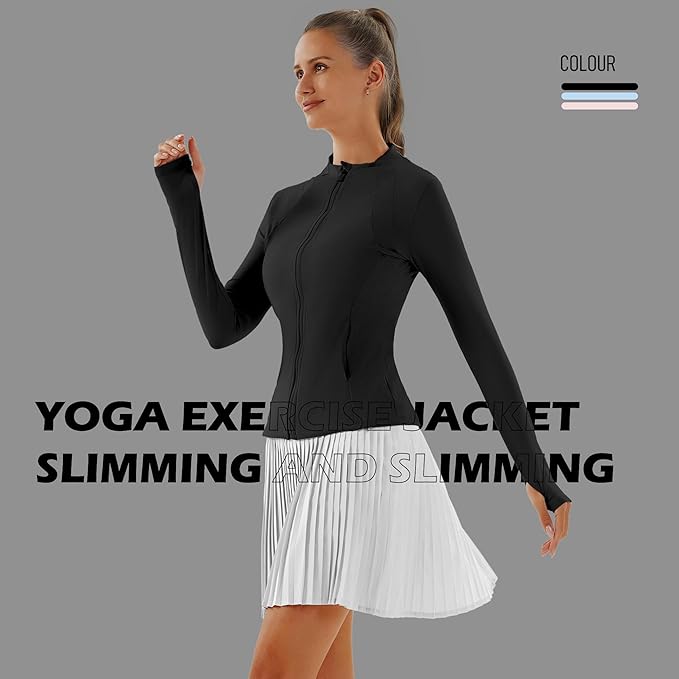 Women Jacket Full Zip UP Workout Athletic Cropped Jacket wIth Thumb Holes Running Yoga Sportswear