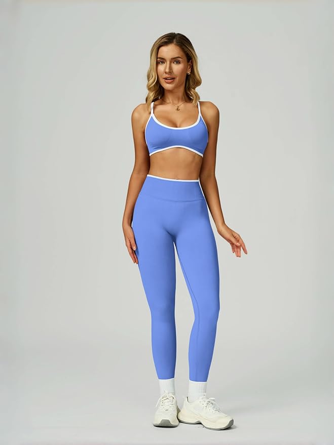 ABOCIW Womens 2 Piece Workout Sets Seamless Color Block Sports Bra Scrunch Butt Lifting High Waist Leggings Gym Set