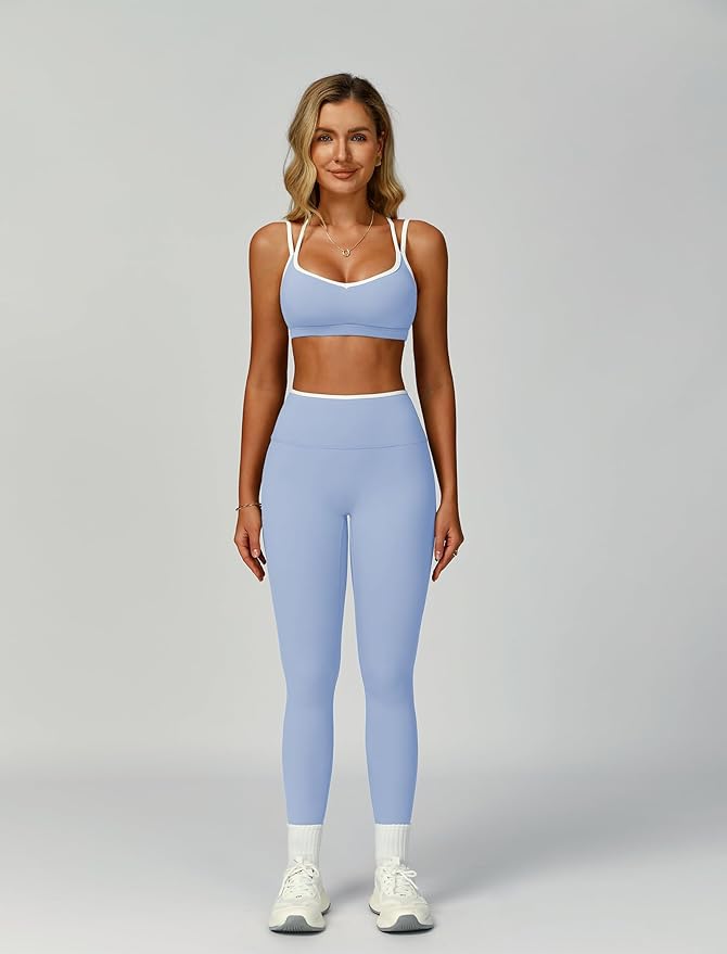 ABOCIW Two Piece Workout Sets for Women Color Block Strappy Sports Bra High Waist Leggings Yoga Pilates Outfits