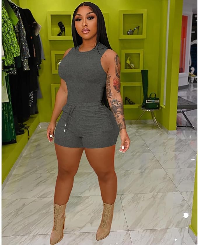 HBQ Women 2 Piece Outfits Sleeveless Tank Tops Biker Short Workout Jogger Sets Summer