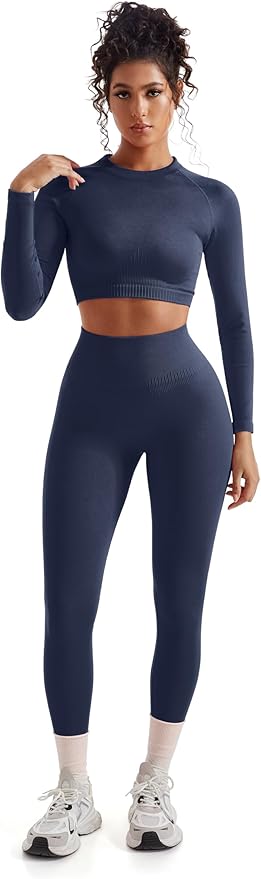 SUUKSESS Women 2 Piece Workout Sets Hidden Scrunch Hip Lifting Seamless Leggings Long Sleeve Yoga Crop Tops