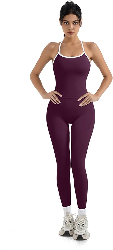 SUUKSESS Women 2 Piece Workout Sets Compression Tummy Control Leggings with Pockets Halter Built in Bra Tank Tops