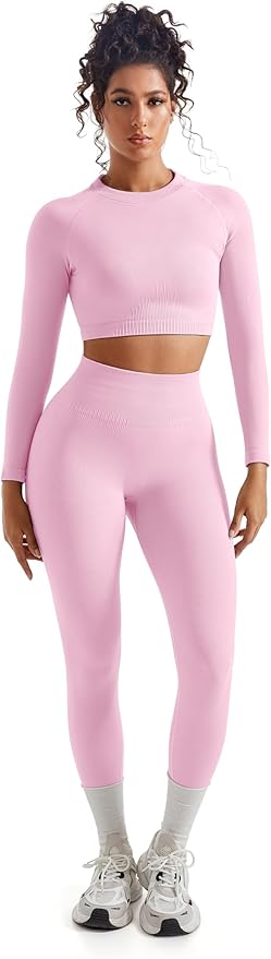 SUUKSESS Women 2 Piece Workout Sets Hidden Scrunch Hip Lifting Seamless Leggings Long Sleeve Yoga Crop Tops