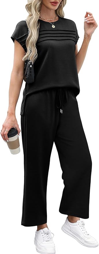 WIHOLL Two Piece Sets for Women Summer Spring Travel Vacation Outfits Cap Sleeve Lounge Matching Sets Wide Leg Pants S-3XL