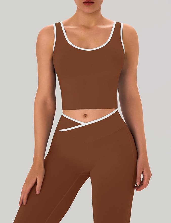 OLCHEE Womens Workout Sets 2 Piece Gym Yoga Outfits Crossover Flare Leggings Crop Tank Top with Contrast Trim