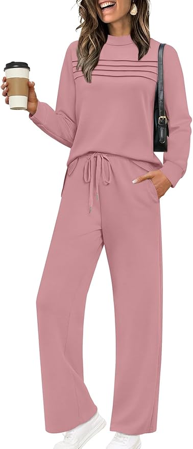 WIHOLL Two Piece Sets for Women Spring Travel Vacation Outfits 2026 Long Sleeve Lounge Sets Side Slit Wide Leg Pants S-3XL