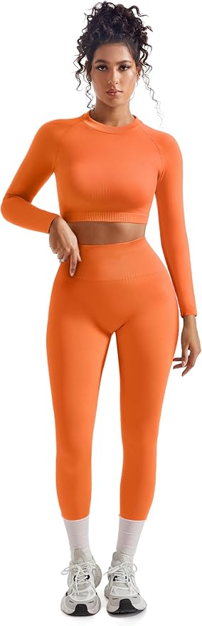 SUUKSESS Women 2 Piece Workout Sets Hidden Scrunch Hip Lifting Seamless Leggings Long Sleeve Yoga Crop Tops
