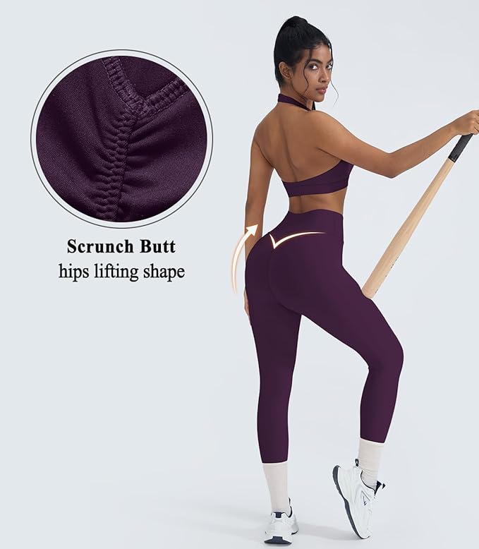 OMKAGI 2 Piece Workout Sets for Women Halter Sports Bras Gym Sets Booty Leggings Outfits