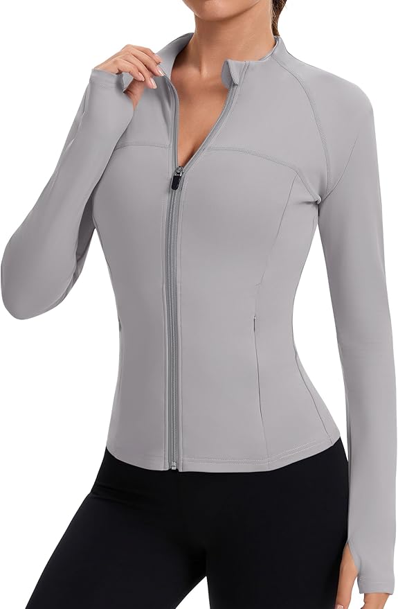 Rapbin Women's Full Zip Workout jackets Runing Slim Fit Athletic Tops With Thumb Holes