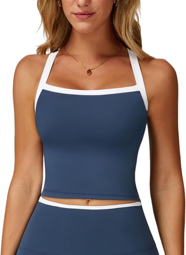 QBGJTD Womens Longline Sports Bras Cross Back Active Gym Yoga Padded Workout Crop Tank Top with Built in Bra