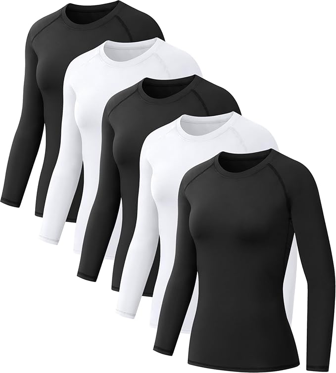 NebuKinex 5 Pack Women's Compression Shirt Long Sleeve Workout Tops Athletic Baselayer Quick Dry Gym Yoga Running T-Shirt