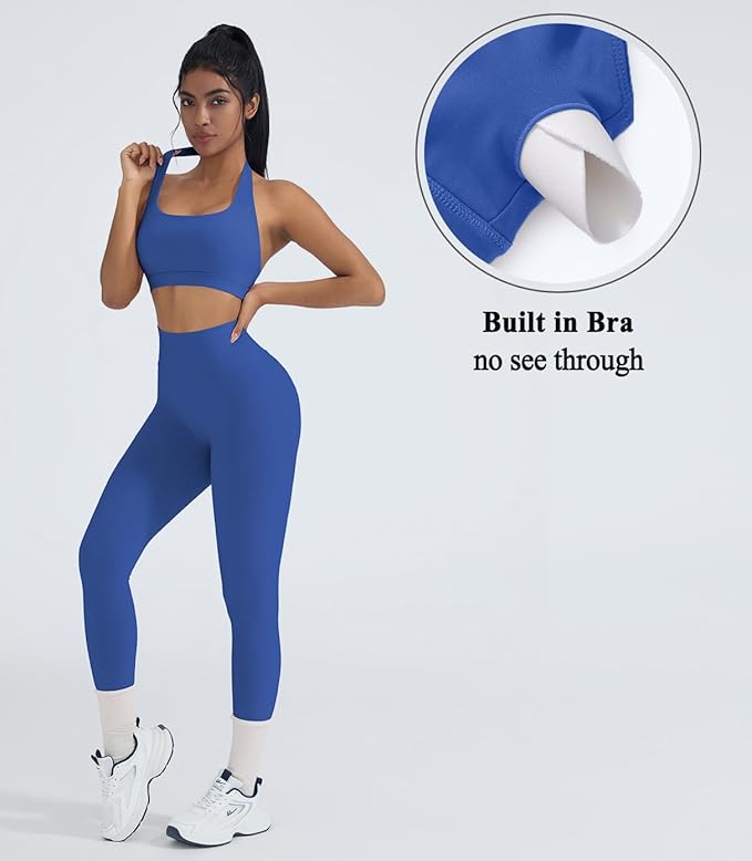 OMKAGI 2 Piece Workout Sets for Women Halter Sports Bras Gym Sets Booty Leggings Outfits
