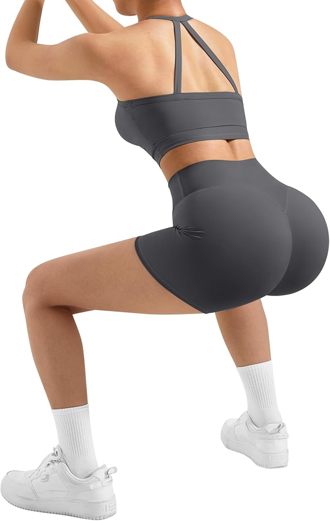 SUUKSESS Women 2 Piece Workout Sets High Waisted Tummy Control Biker Shorts Halter Padded Tank Tops