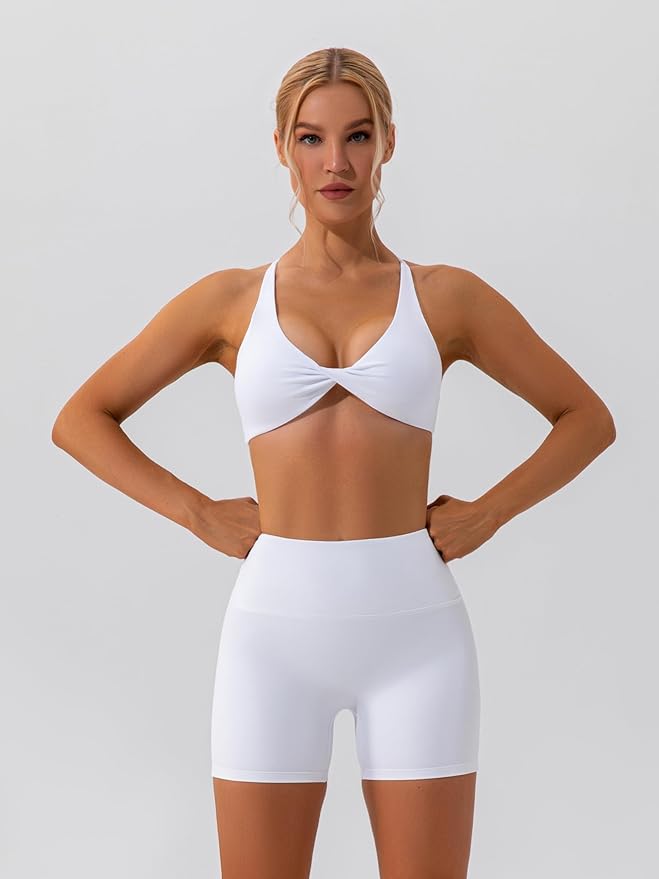ABOCIW Workout Sets for Women 2 Piece Twist Front Halter Sports Bras High Waist Biker Shorts Exercise Gym Yoga Outfit