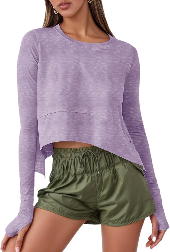 Aurgelmir Womens Long Sleeve Cropped Tops Loose Workout Athletic T-Shirts Flowy Sweatshirt for Yoga Tiered Hem Gym Tees
