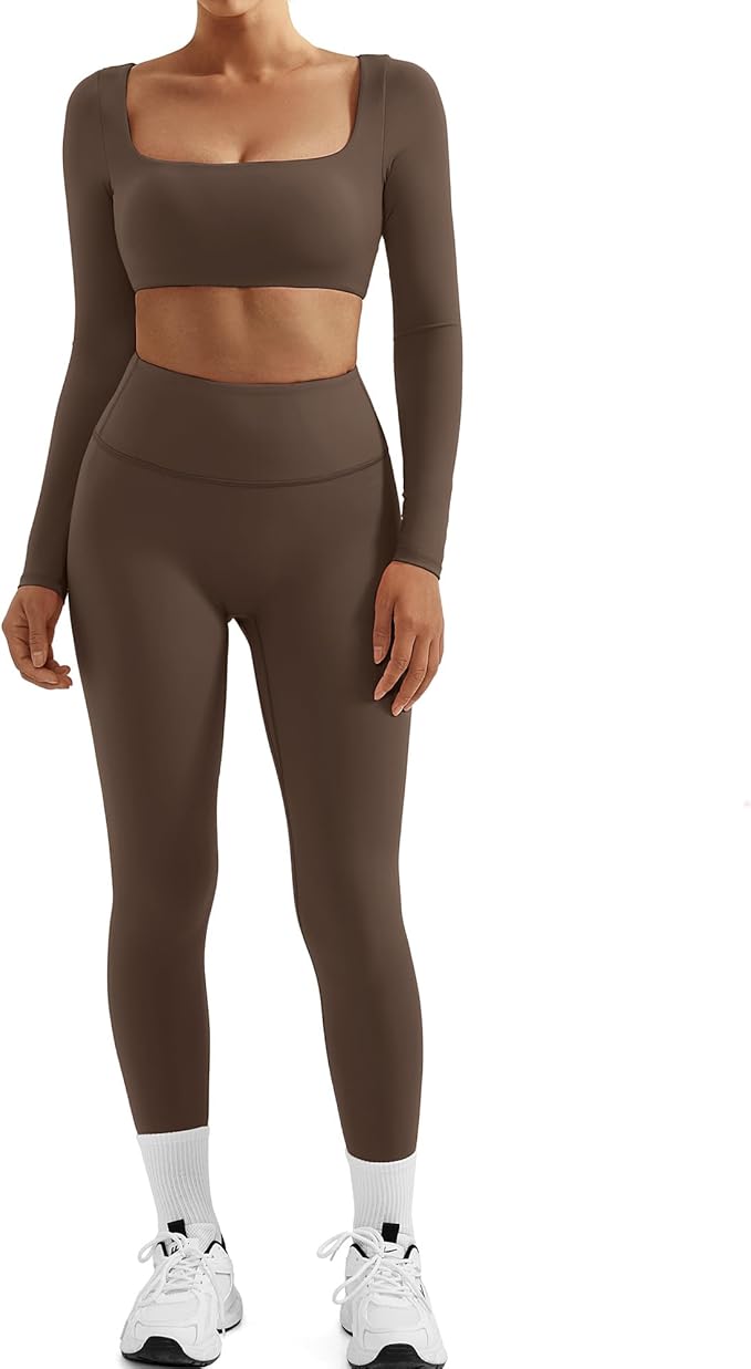 SUUKSESS Women 2 Piece Workout Sets Compression Tummy Control Leggings with Pockets Long Sleeve Square Neck Padded Crop Tops