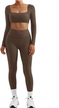 SUUKSESS Women 2 Piece Workout Sets Compression Tummy Control Leggings with Pockets Long Sleeve Square Neck Padded Crop Tops