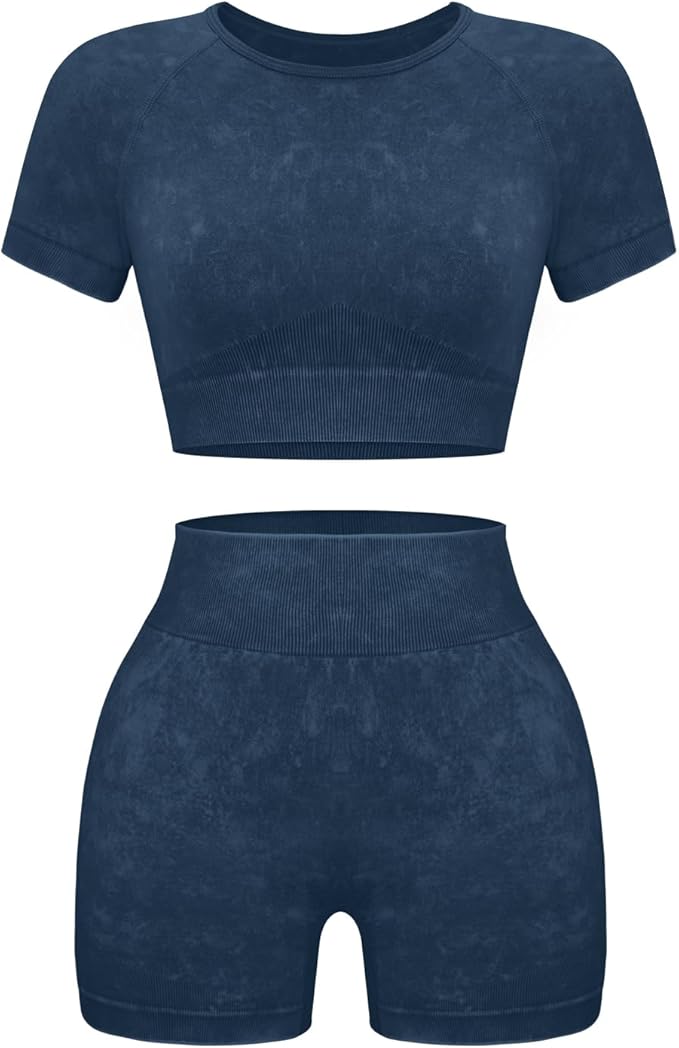 OLCHEE Womens Workout Sets 2 Piece - Seamless Acid Wash Yoga Outfits Shorts and Crop Top Matching Gym Athletic Clothing Set