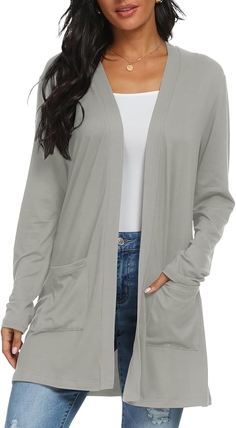 Womens Casual Lightweight with Pocketes Long Sleeve Open Front Cardigan