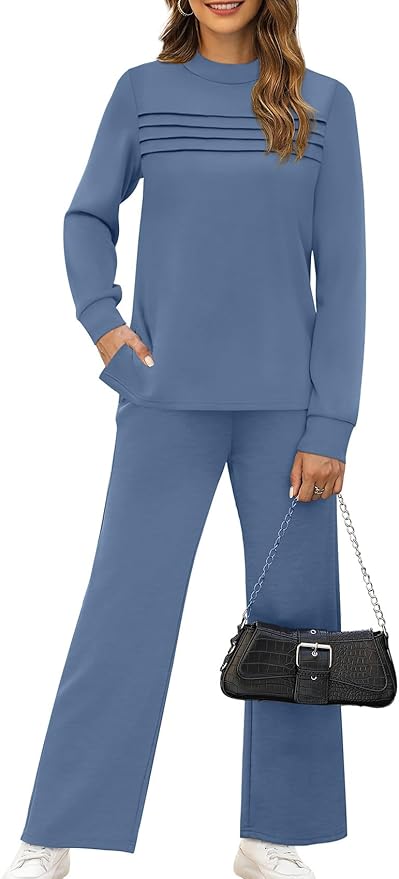 WIHOLL Two Piece Sets for Women Spring Travel Vacation Outfits 2026 Long Sleeve Lounge Sets Side Slit Wide Leg Pants S-3XL