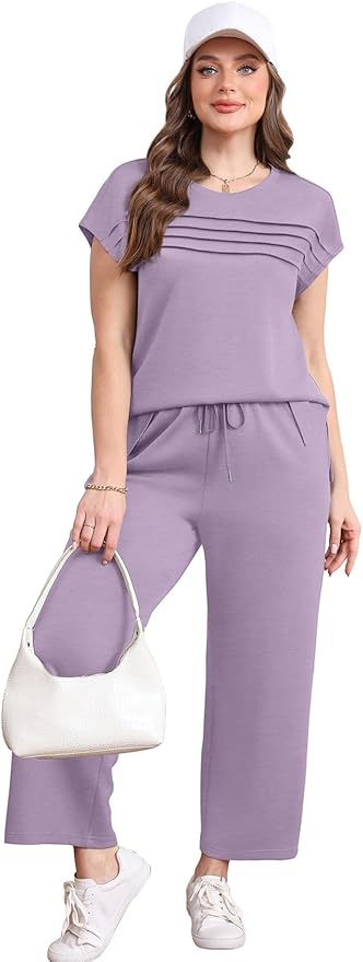 WIHOLL Two Piece Sets for Women Summer Spring Travel Vacation Outfits Cap Sleeve Lounge Matching Sets Wide Leg Pants S-3XL