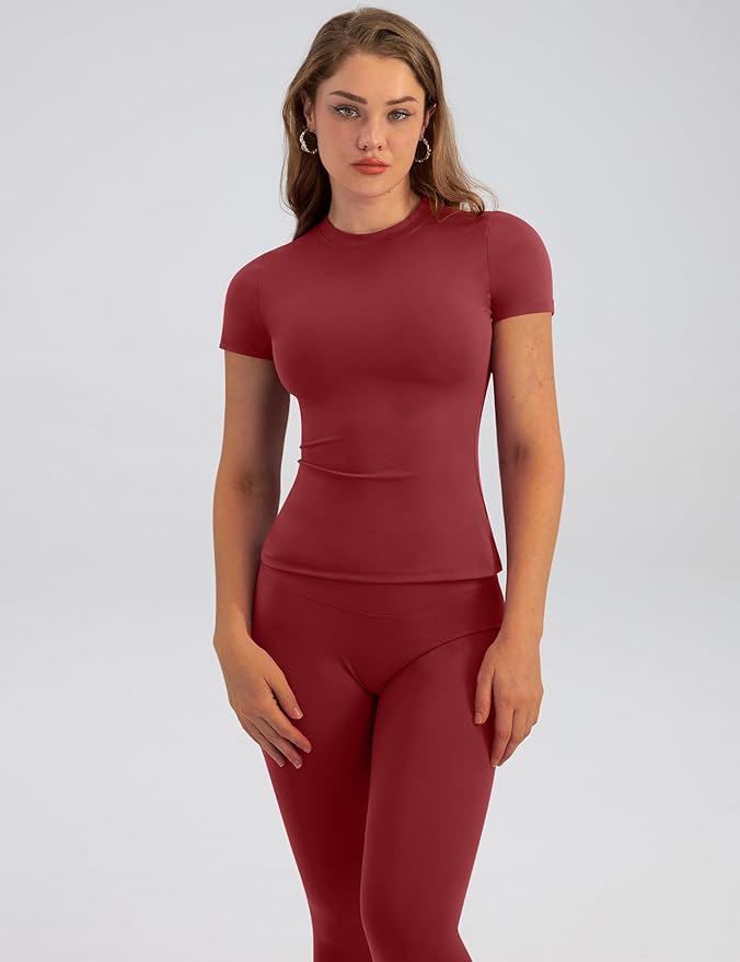 Relety Womens Two Piece Workout Sets Slim Fit Short Sleeve Shirt High Waist Leggings Yoga Outfits Matching Gym Set
