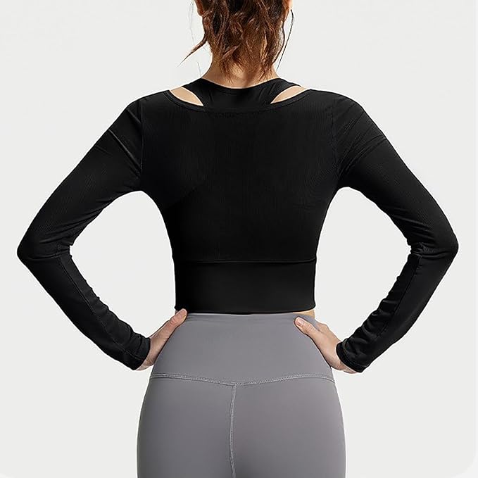Women's 2 in 1 Yoga Long Sleeve Mesh Gym Athletic Tops Stretch Workout Pilates Shirts with Comfortable Sports Bra