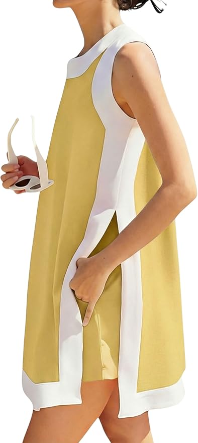 Hooever Women's 2 Piece Sets Casual Color Block Crewneck Short Sleeve Pullover Tops Matching Shorts with Pockets