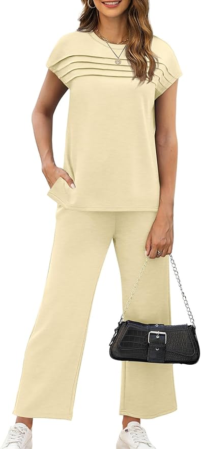 WIHOLL Two Piece Sets for Women Summer Spring Travel Vacation Outfits Cap Sleeve Lounge Matching Sets Wide Leg Pants S-3XL