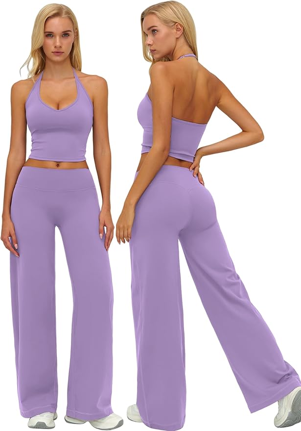 QBGJTD Womens Workout Sets Two Piece Spaghetti Straps Crop Top Matching Straight Leg Pants Gym Work Pilates Outfits
