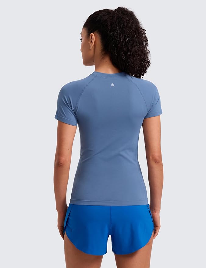 CRZ YOGA Seamless Workout Tops for Women Hip Length - Athletic Running Gym Yoga Short Sleeve Shirts Breathable Crewneck Tees