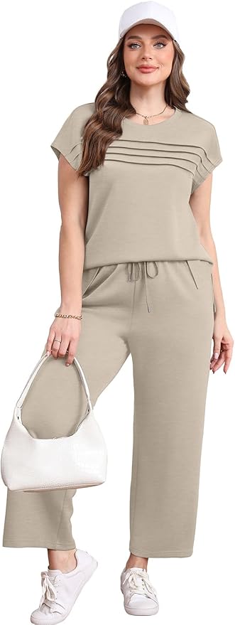 WIHOLL Two Piece Sets for Women Summer Spring Travel Vacation Outfits Cap Sleeve Lounge Matching Sets Wide Leg Pants S-3XL