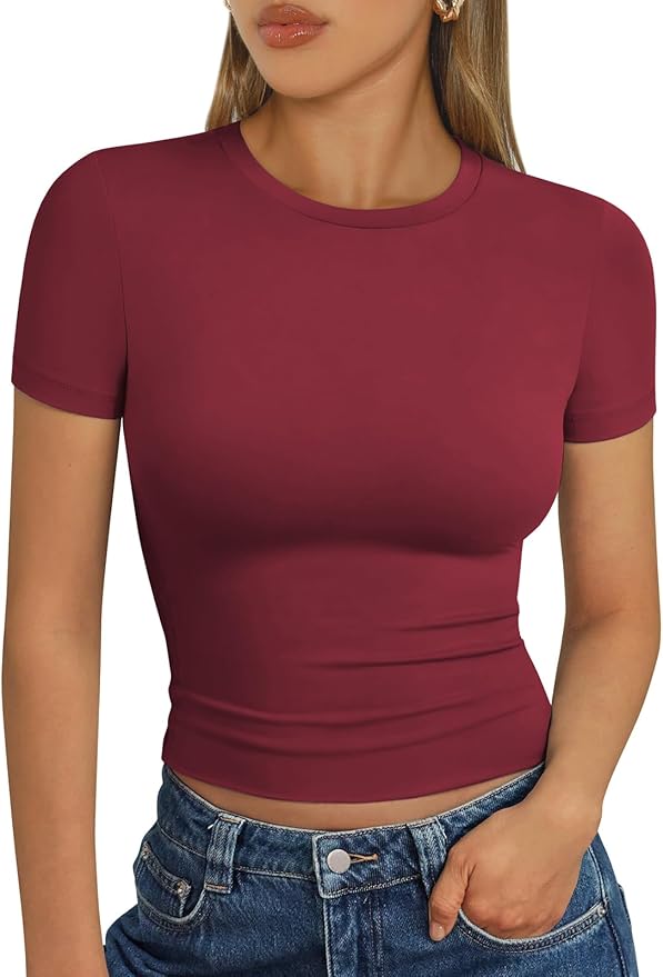 Trendy Queen Womens Short Sleeve T Shirts - Buttery Soft Summer Crop Tops Slim Fit Y2k Basic Tees for Workout
