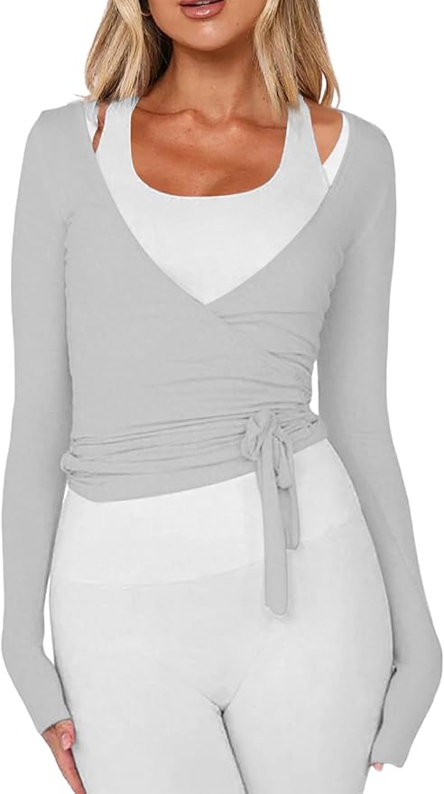 Women Pilates Wrap Top Ballet Tie Workout Shirt Long Sleeve Cross Sexy Deep V Neck Yoga Coquette Blouses Y2k Active Gym