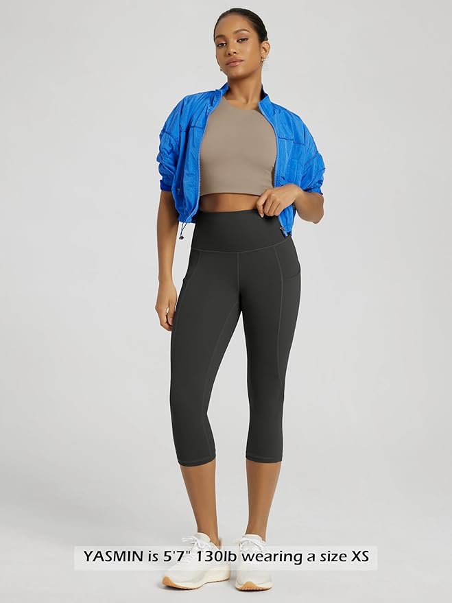ODODOS Women's High Waisted Yoga Capris with Pockets, Tummy Control Non See Through Workout Athletic Running Capri Leggings
