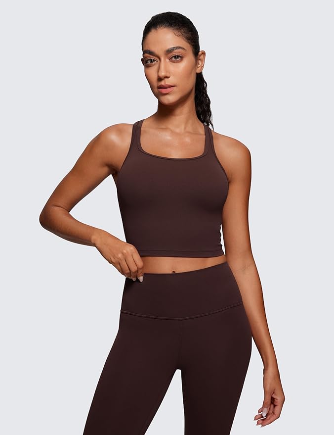 CRZ YOGA Butterluxe Racerback Crop Tank Tops for Women - Padded Y-Back Longline Sports Bras Scoop Neck Workout Yoga