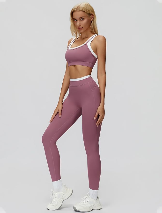 Women 2 Piece Workout U Back Color Block Sports Bra High Waist Active Leggings Yoga Pilates Outfits