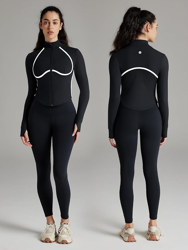 Women Workout Jacket Cropped Contrast Seam Zip Up Athletic Jacket Yoga Sportswear with Thumb Holes