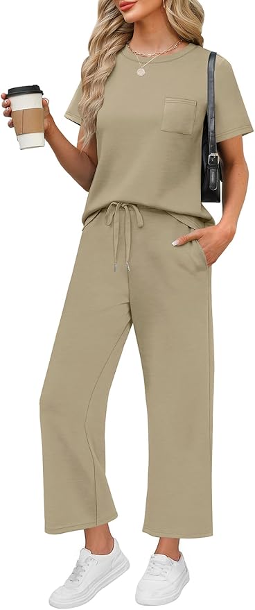 WIHOLL 2 Piece Sets for Women Casual Summer Travel Vacation Outfits Short Sleeve Wide Leg Crop Pants Lounge Sets
