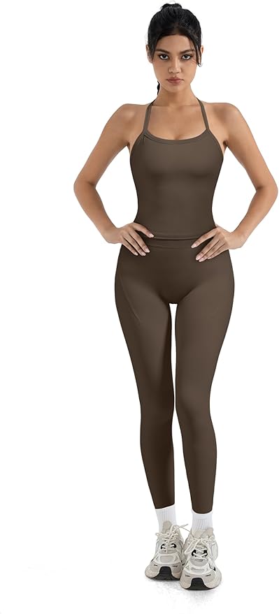SUUKSESS Women 2 Piece Workout Sets Compression Tummy Control Leggings with Pockets Halter Built in Bra Tank Tops