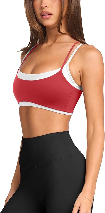 LASLULU Womens Double Layered Sports Bra Adjustable Spaghetti Straps Sexy Scoop Neck Wireless Padded Workout Yoga Crop Tops