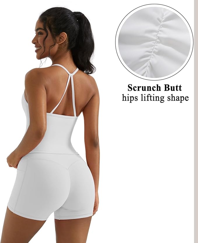 OMKAGI 2 Piece Workout Sets for Women Padded Sports Bra Tank Booty Gym Shorts with Pockets
