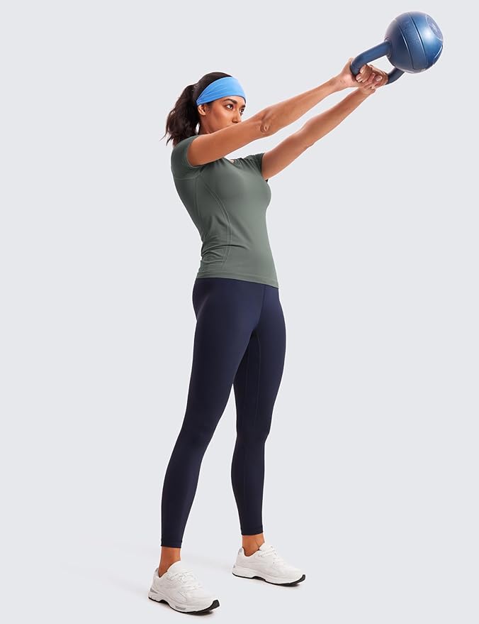 CRZ YOGA Seamless Workout Tops for Women Hip Length - Athletic Running Gym Yoga Short Sleeve Shirts Breathable Crewneck Tees
