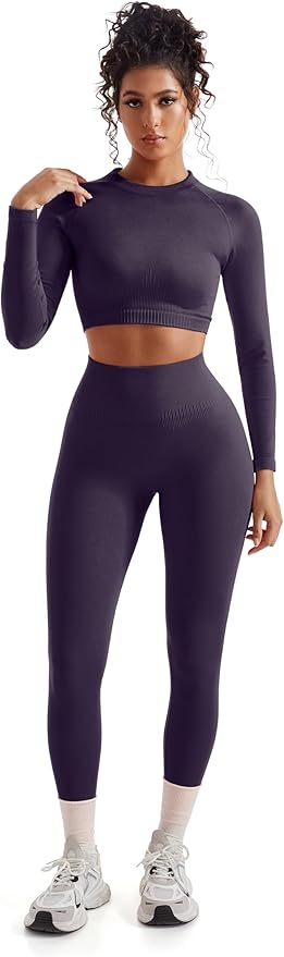 SUUKSESS Women 2 Piece Workout Sets Hidden Scrunch Hip Lifting Seamless Leggings Long Sleeve Yoga Crop Tops
